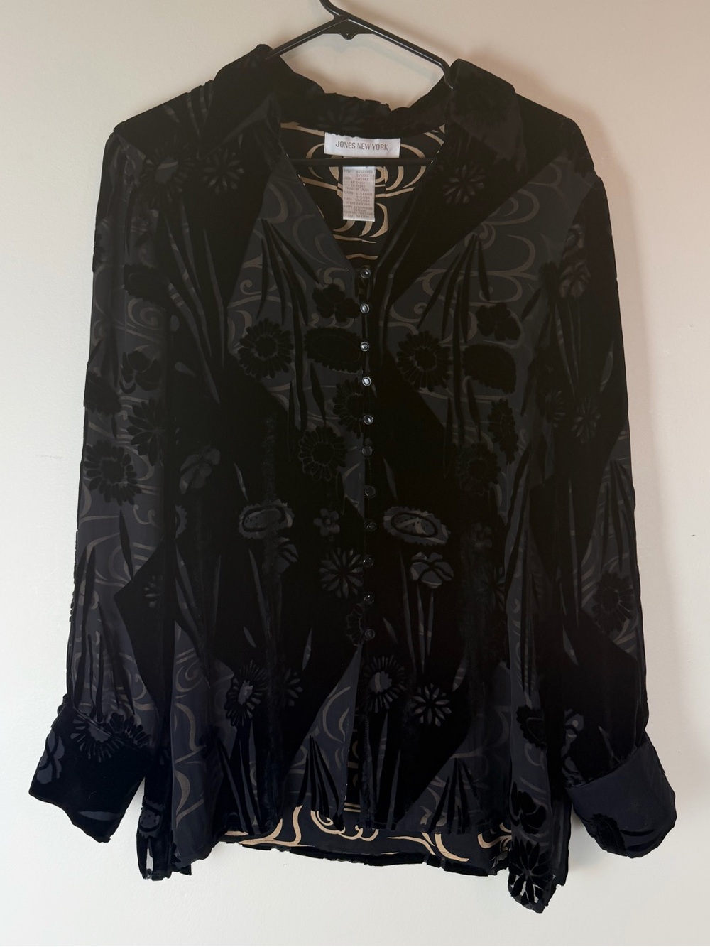 Vintage 90s Silk Velvet Floral Burnout Button Front Black Top Whimsigoth Witch - Picture 2 of 4